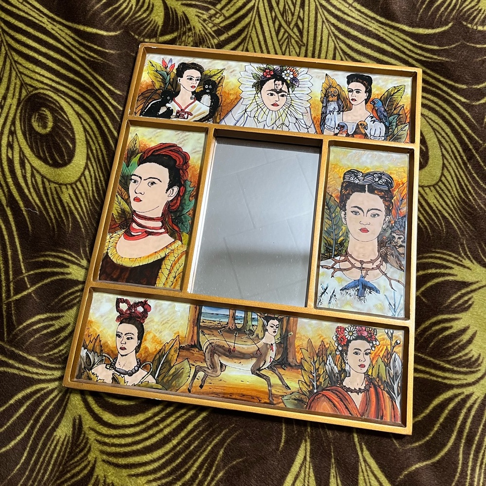 Frida Khalo Artisan Made Foil Painted Wooden Frame Mirror Made in Peru